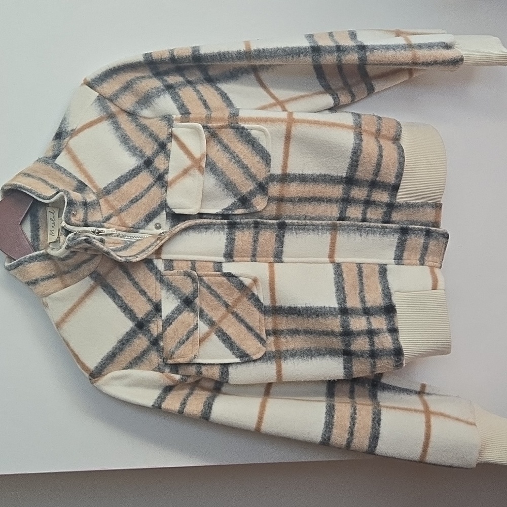 Cream And Tan Plaid Wool Jacket